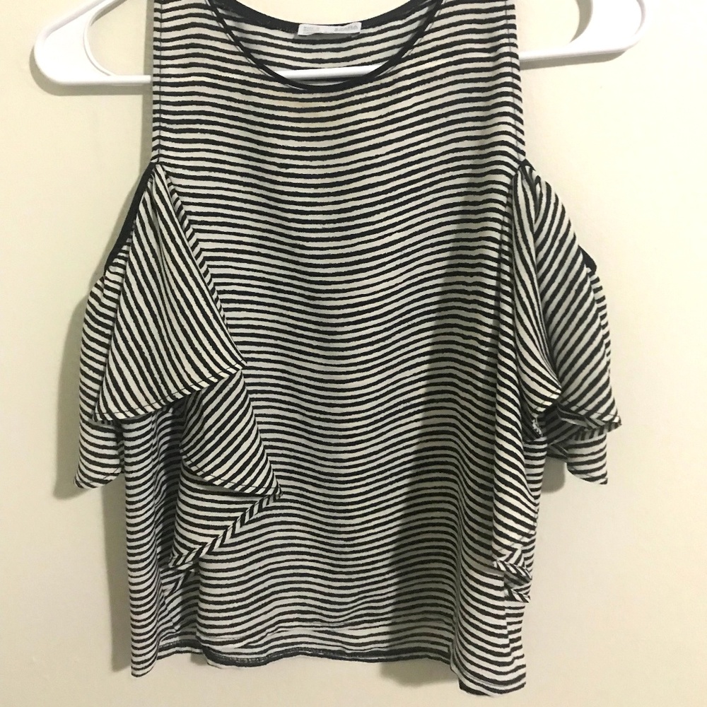 Zara Navy and White Striped Open Shoulder Blouse